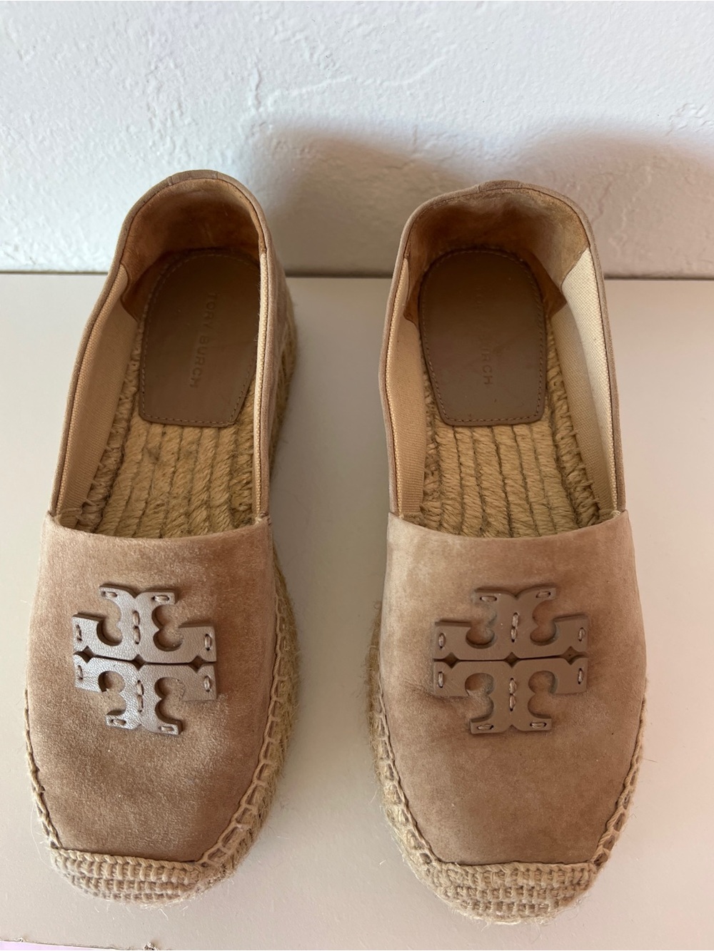 Tory Burch Taupe Suede Logo Platform Espadrille🤎